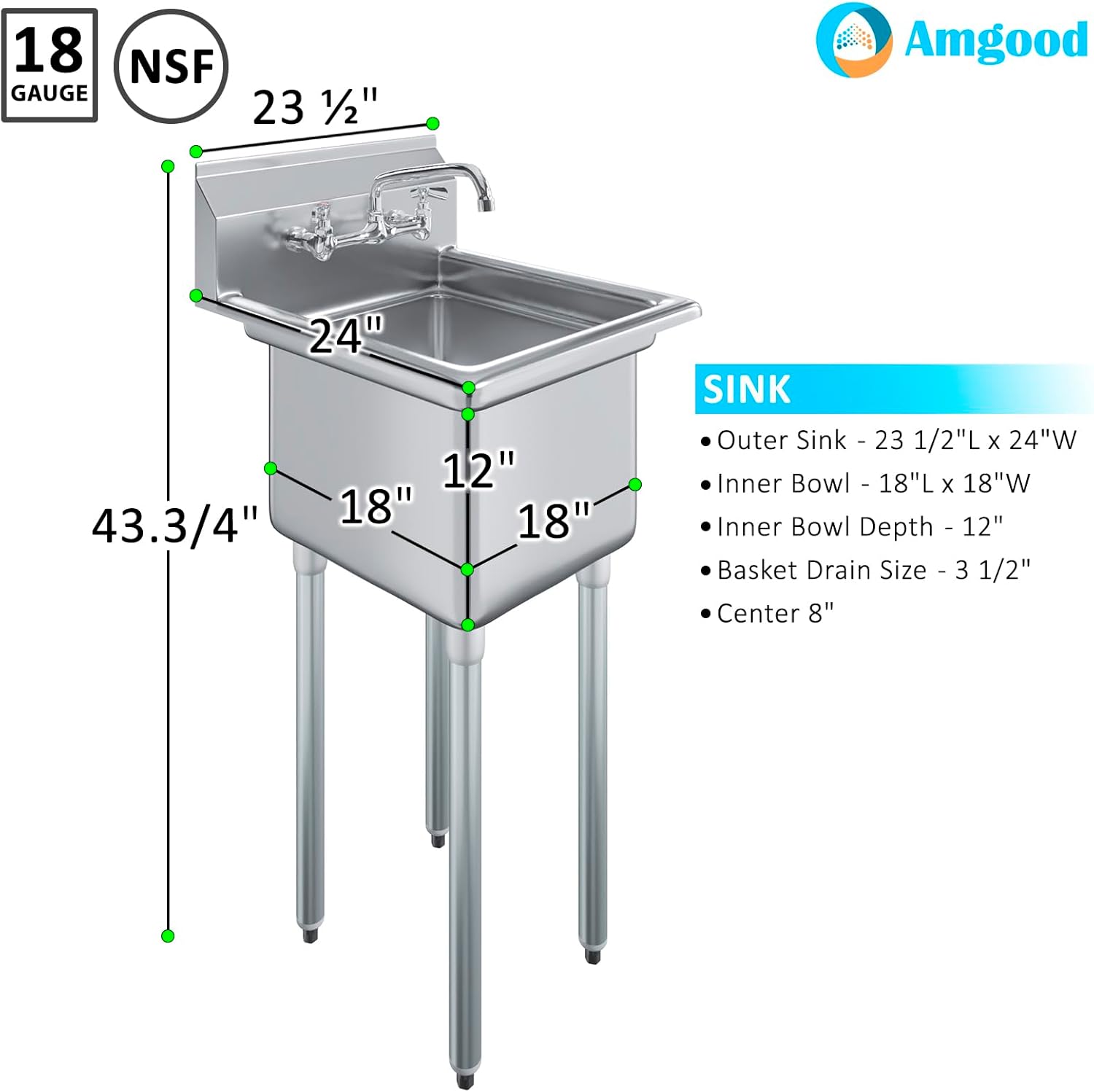 AmGood Stainless Steel Prep & Utility Sink | NSF | 304 Stainless Steel | Restaurant, Kitchen, Laundry, Garage | (Bowl Size: 18" x 18" + Faucet)