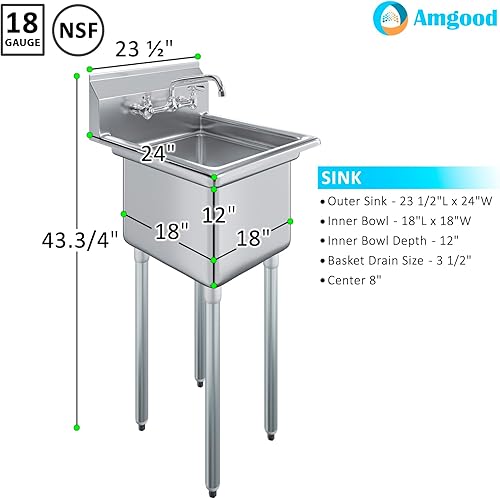 Miniatura 3 de AmGood Fregadero de acero inoxidable para preparación y uso general | NSF | Acero inoxidable 304 | Restaurante, cocina, lavandería, garaje | (Tamaño