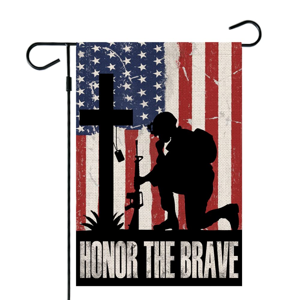 CROWNED BEAUTY Patriotic Memorial Garden Flag12x18 Inch Double Sided Honor the Brave 4th of July American Soldier Cross In...