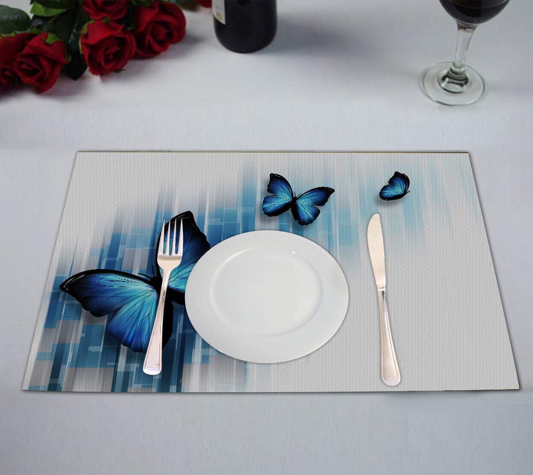 KXMDXAThree Blue Butterflies Placemats Table Mats for Dining Room Kitchen Table Decoration 12x18 inch,Set of 4