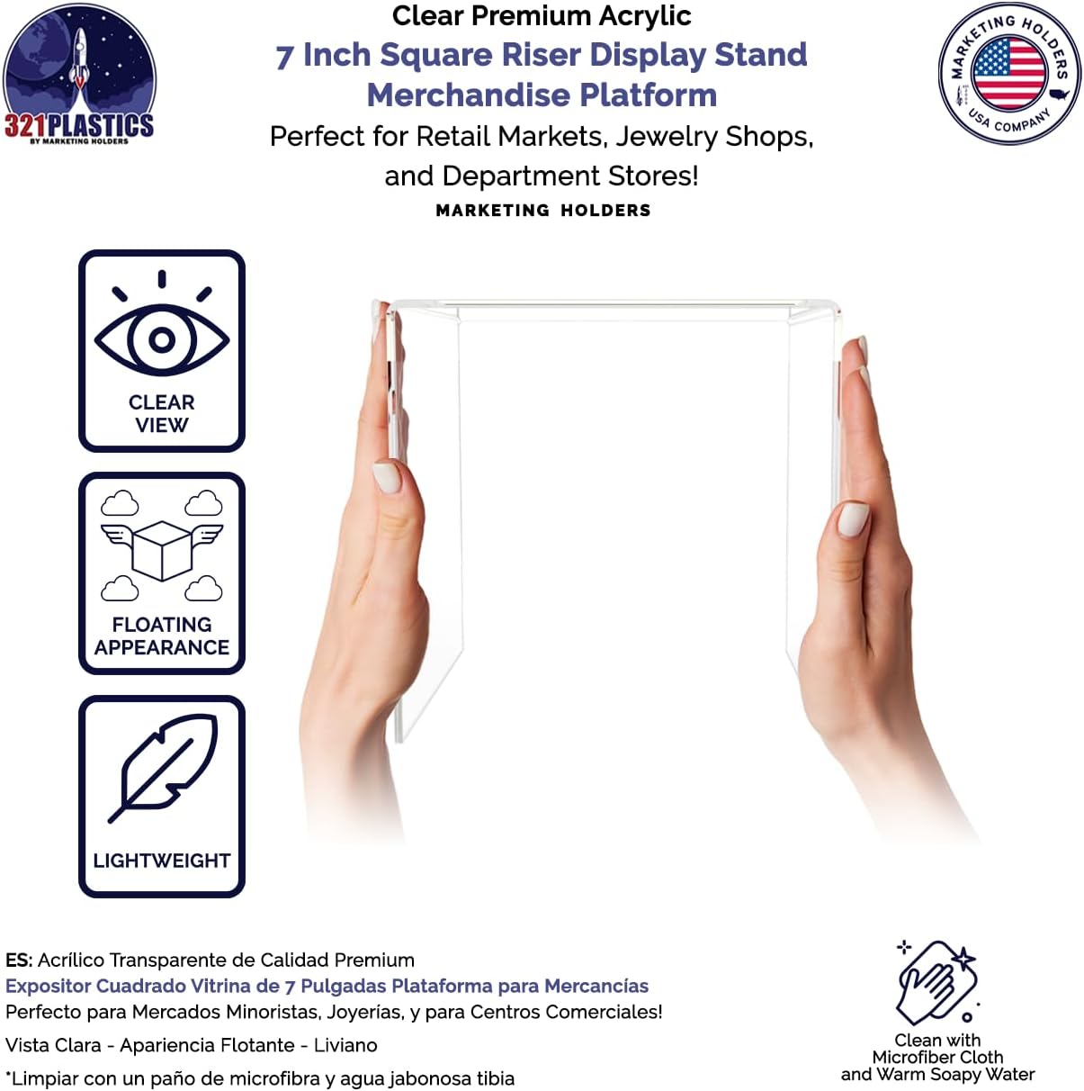 Marketing Holders 6 Pack Clear Acrylic Riser Display Stand 7" Square Products Platform Retail Products Showcase Plexiglass Counter or Tabletop Decor One Piece Pedestal