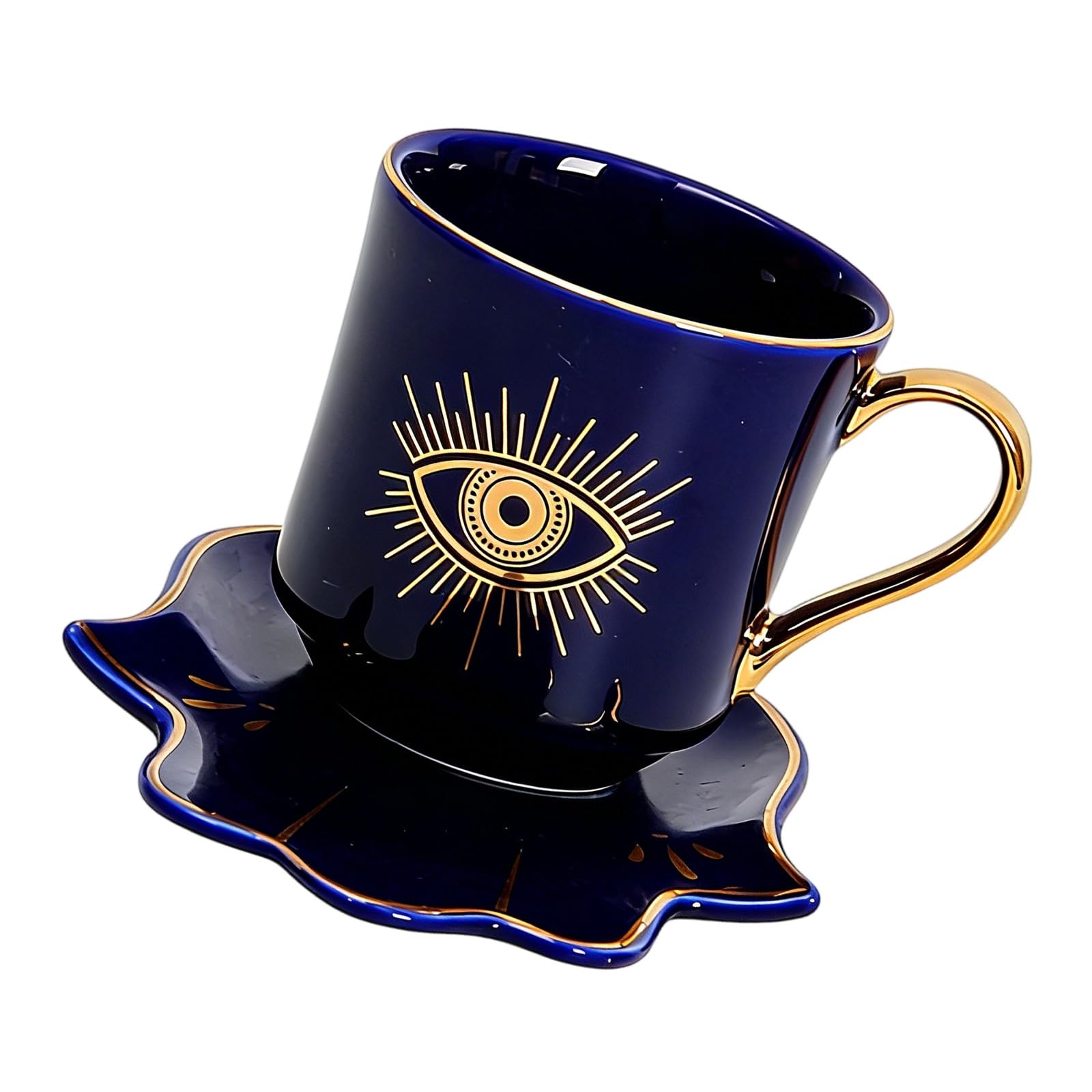 LUCKGONI Ceramic Coffee Cup and Hand Shape Saucer Set Evils Eye Theme Mug Drinkware for Safe Tea Milk Drinking