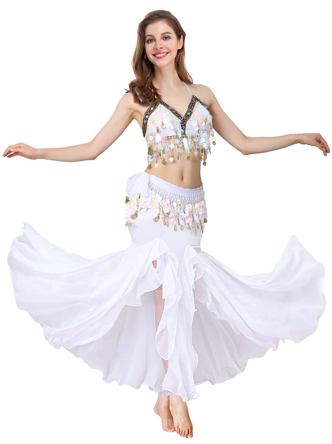 Belly Dance Costume Set for Women Belly Dance Crop Top Bra and Hip Scarf Slit Dance Skirt Halloween Outfit