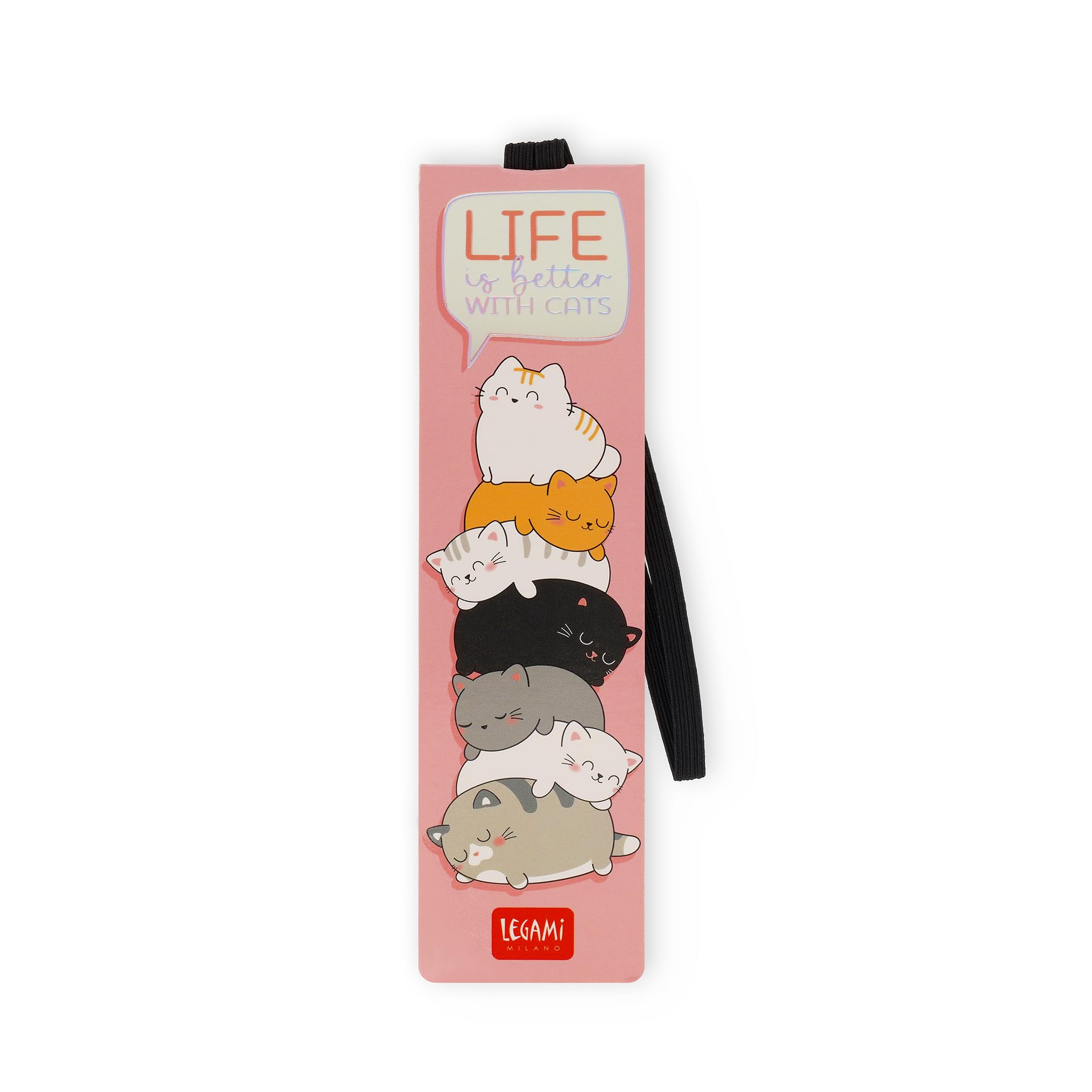 Legami Gray - Bookmark With Elastic Band, Fsc Certified Paper, Kitty Motif, Keeps Sengo And Book Closed, 4.7 X 17.5 Cm