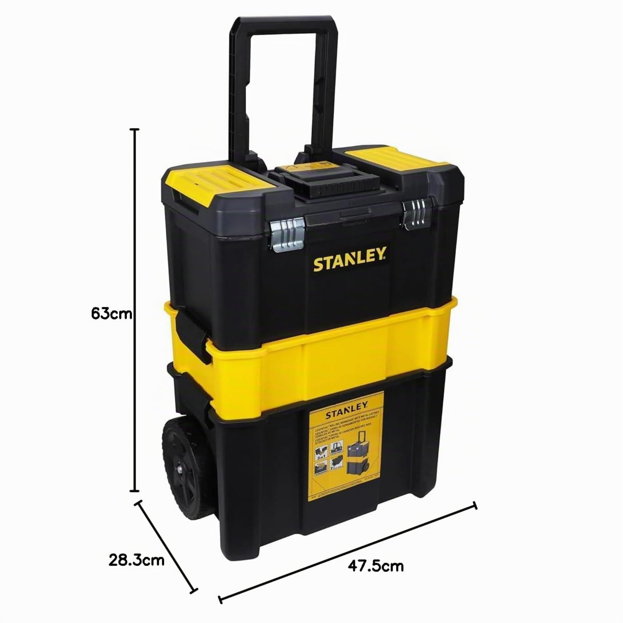 STANLEY Essential Rollende Werkstatt (3-in-1 stapelbare Boxen, leerer Werkzeugkasten, belastbar bis zu 20kg, mit Metallverschlüsse, Organizer für Kleinteile im Deckel) STST1-80151