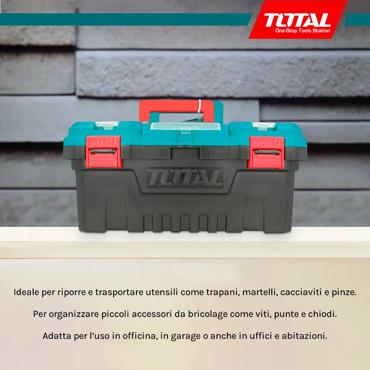 TOTAL - Organizer per Attrezzi 20 kg - Scatola in Plastica con Vassoio Estraibile e Coperchio Superiore - 3 Aree di Stoccaggio e Funzione Scala - Dimensioni 508x296x261 mm