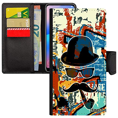 Coque iPhone 15 Pro Monsieur Moustache portefeuille en cuir peint noir et orange vintage pour homme