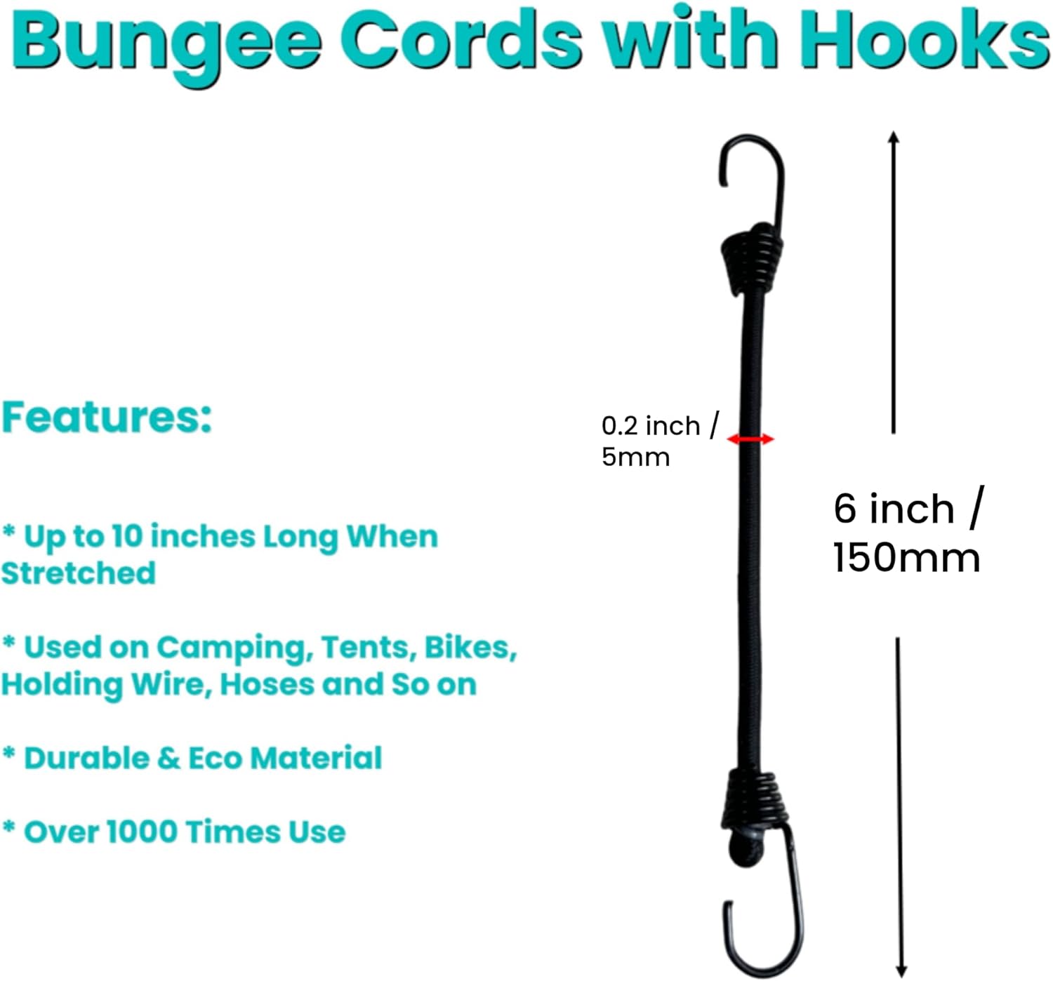 10 Pcs 6 inch Mini Bungee Cords with Hooks, Short Black, 4mm Thickness Weather Resistant Tie Down Strap, Use for Camping, Tents, Holding Wire and Hoses