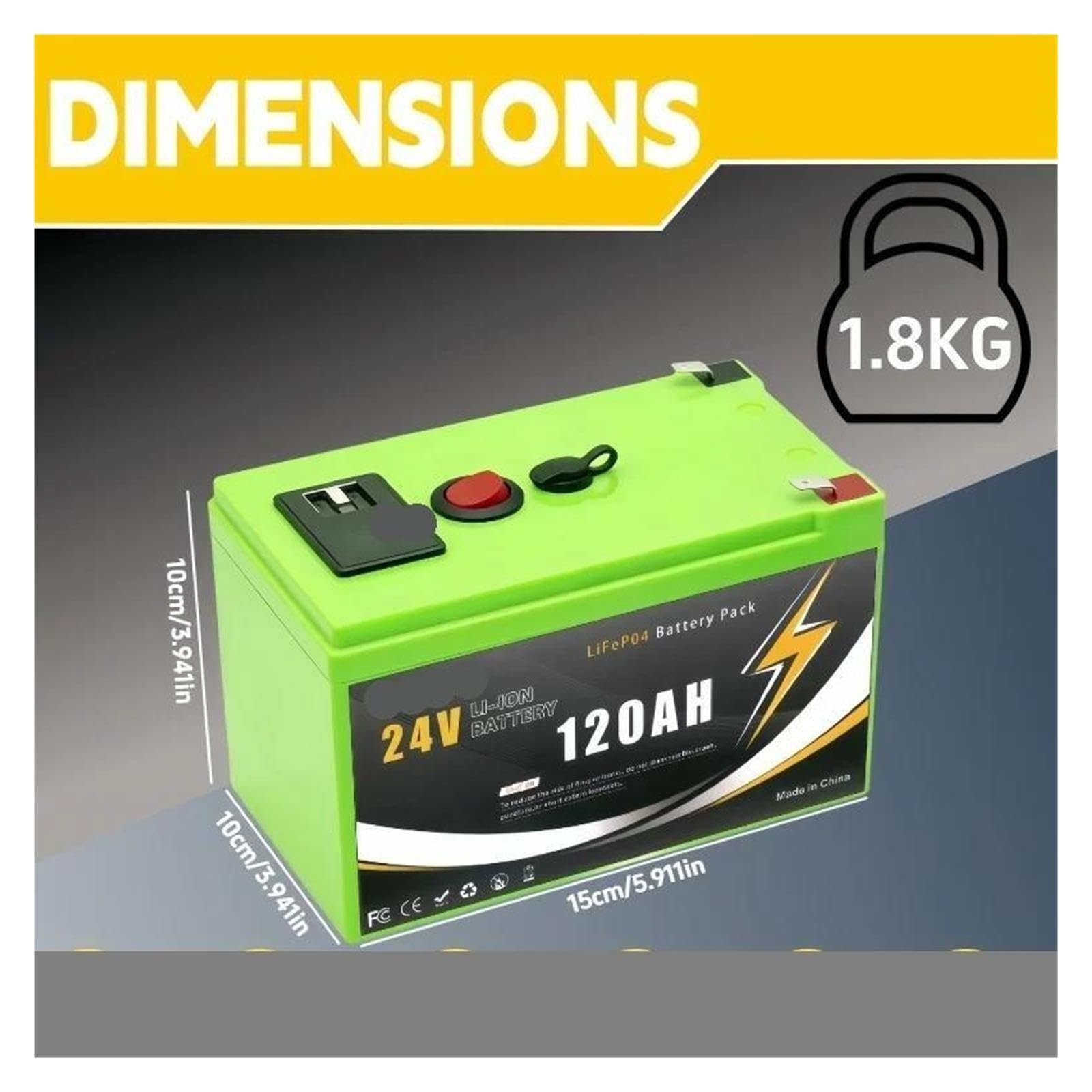 Batería LiFePO4 de 24 V y 120 Ah, BMS integrado de 200 A, más de 8000 ciclos(24V 100Ah x1-01)