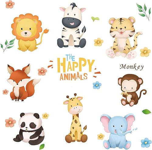 Runtoo Calcomanías de pared de animales, mono, jirafa, elefante, calcomanías de arte de pared para dormitorio de niños, decoración de pared de bebé