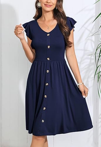 Miniatura 2 de Lamilus Vestidos de verano casuales para mujer 2025 con mangas con volantes, cuello en V, botones, línea midi, vestido de fiesta de columpio