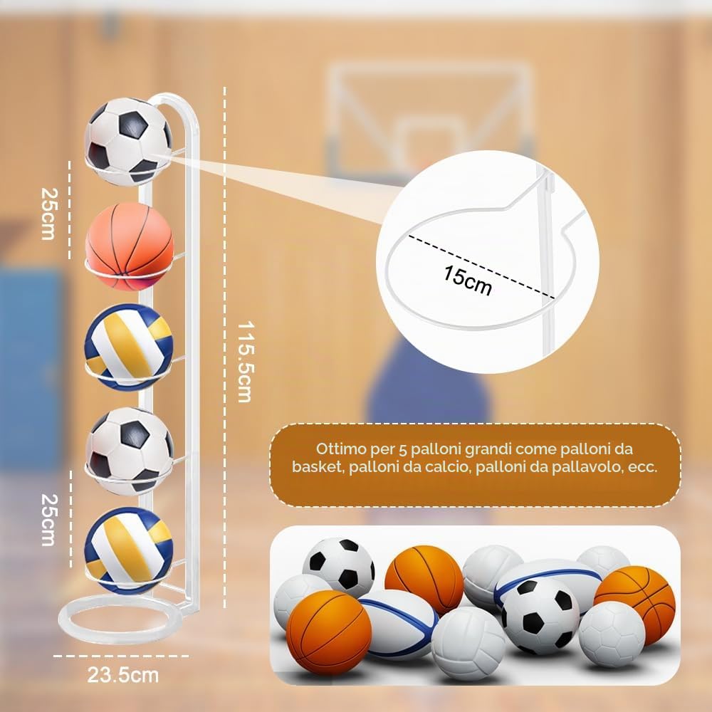 Portapalle per Calcio a 5 Livelli, Rastrelliera da Basket Verticale in Metallo, Supporto Palloni, Scaffale Stoccaggio Sportivo Bianco