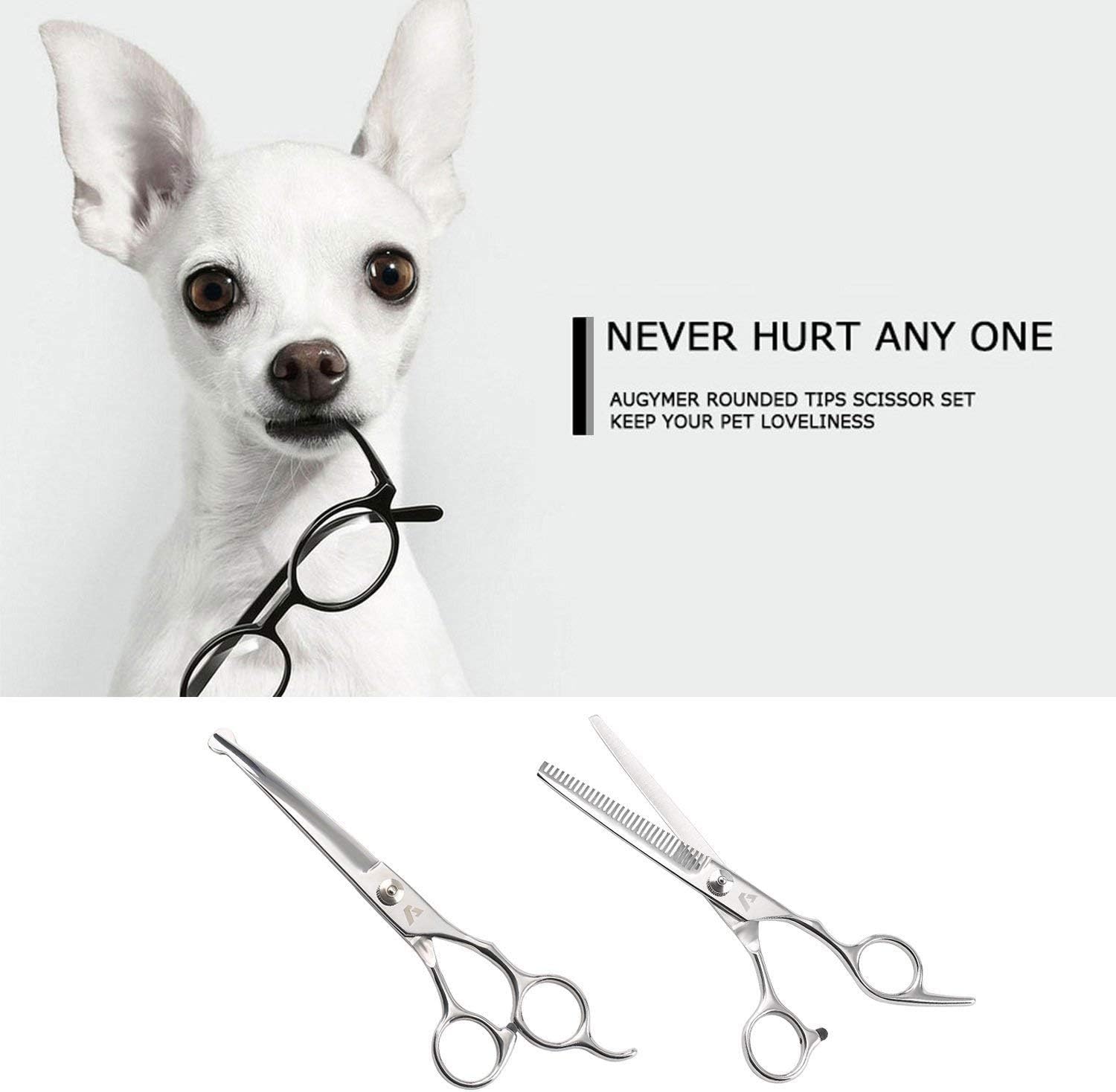 AUGYMER Dog Grooming Scissors Kit, Rounded Tips 5 PCS Curved Pet Grooming Scissors for Cats Dogs Stainless Steel Scissor for Body Face Ear Nose Paw