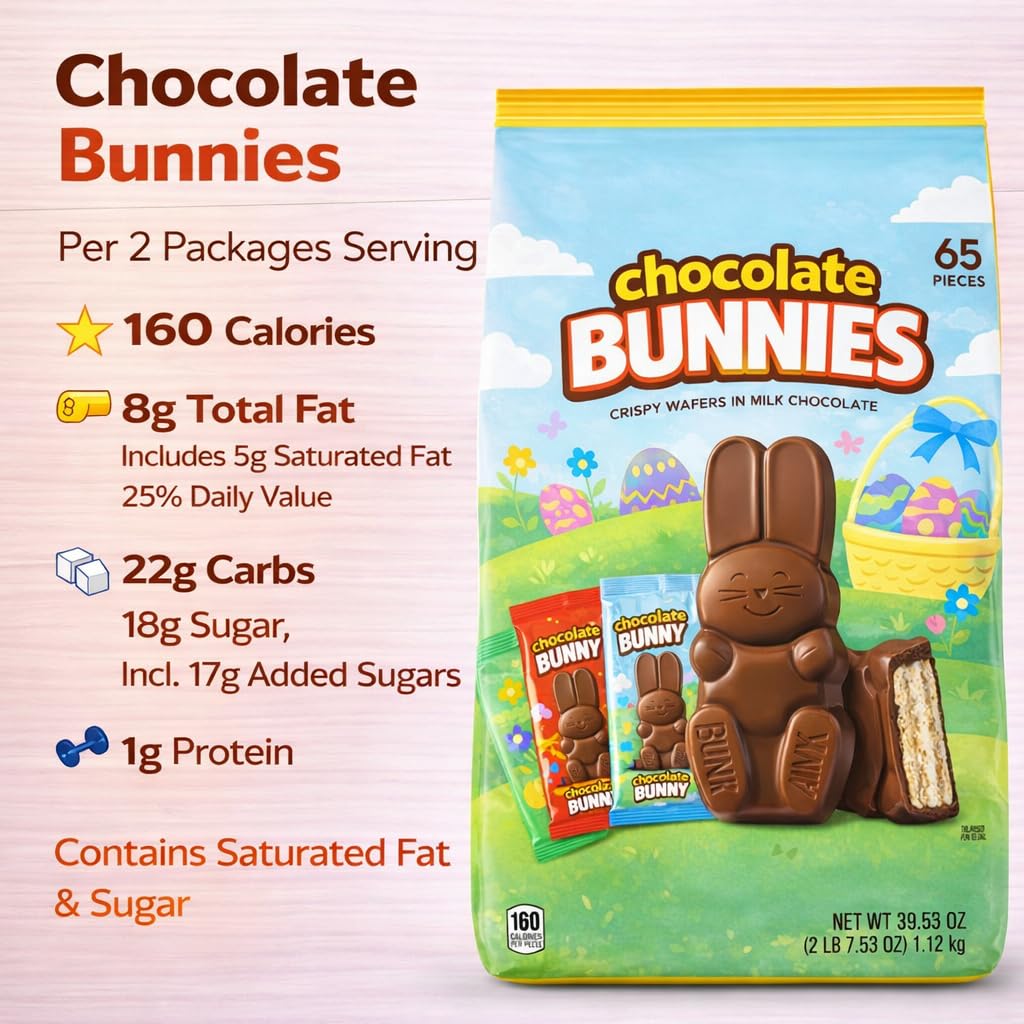 Bunnies Milk Chocolate Wafer Easter Candy 65 Individually Wrapped Bunny Snack Size Treat - Easter Egg Hunt Basket Filler Stuffer Party Favor