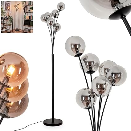 hofstein Bernado, staande lamp van metaal/glas in zwart/rookkleur, lamp in modern retro/vintage design met glazen kap (Ø 12 cm), dimbaar via voetschakelaar, 6 x G9, zonder lamp