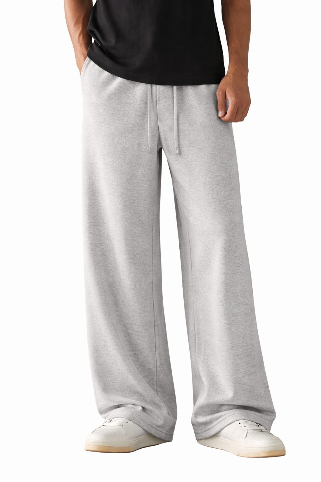 Men's Wide Leg Casual Pants, High Waist Cotton Blend, Drawstring, Light Colour, Relaxed Fit-image-6