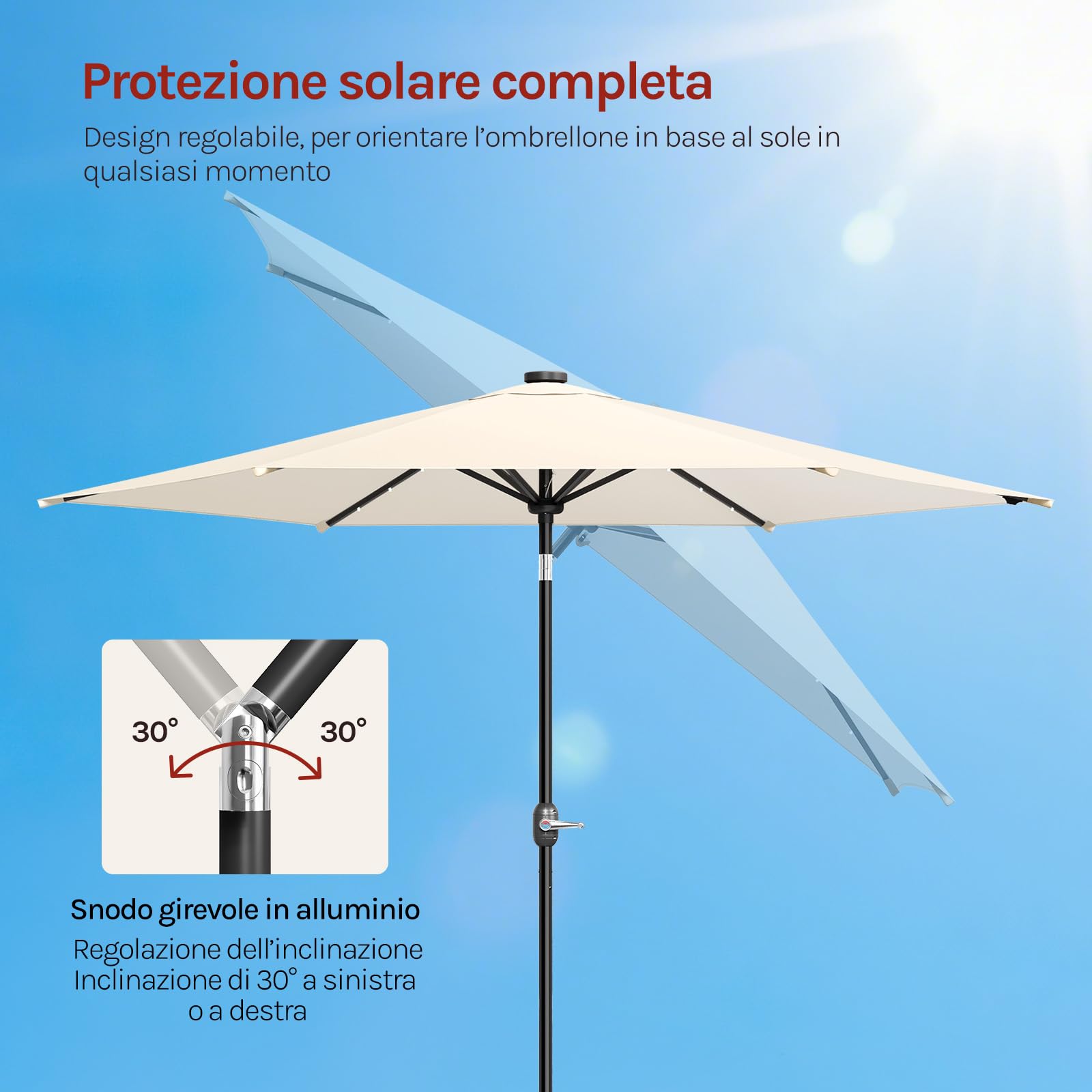 WOLTU Ombrellone da Giardino Rotondo con Luci LED Solari, Ø 300 cm, Ombrellone a Manovella, Inclinazione Regolabile, Protezione Solare UV 50+, per Balcone, Terrazza