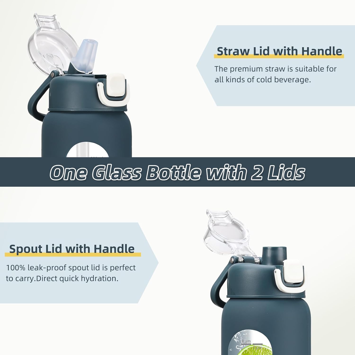 chunmo 32 oz Glass Water Bottle with 2 Lids-Handle Spout Lid & Straw Lid, 1 Liter Motivational Borosilicate Water Bottle with Time Marker and Silicone Sleeve,Leakproof-Dark Blue-1 Pack