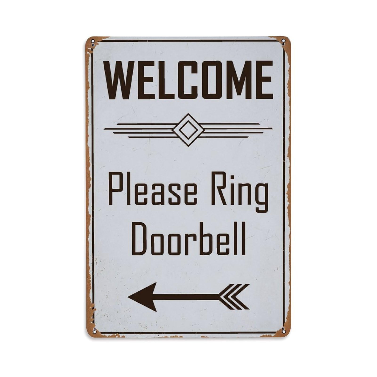 Metal Tin Sign Vintage Welcome Please Ring Doorbell Arrow Geometric