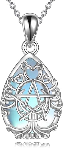 YFN Collar con dije de triple luna y diosa de plata esterlina, pentagrama y ópalo, collar con dije de ópalo pagano, amuleto mágico wiccano, árbol de