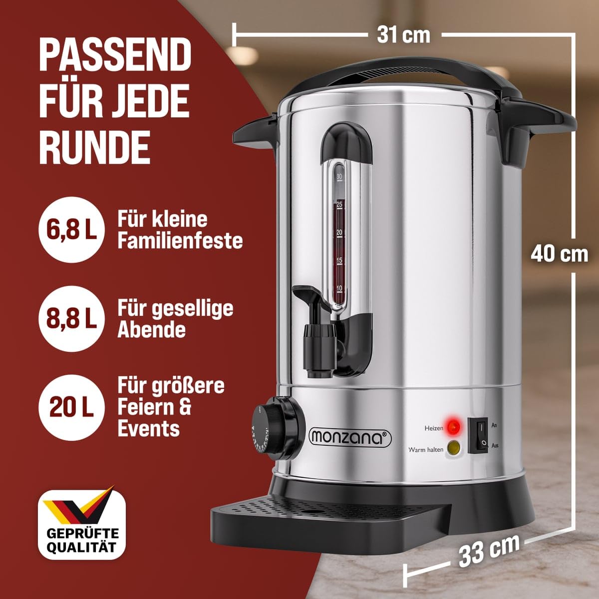 MONZANA Glühweinkocher 6,8L mit Zapfhahn Tropfschale Thermostat 30-110°C Heißgetränkespender Edelstahl Einkocher Punschkocher Heißgetränkeautomat