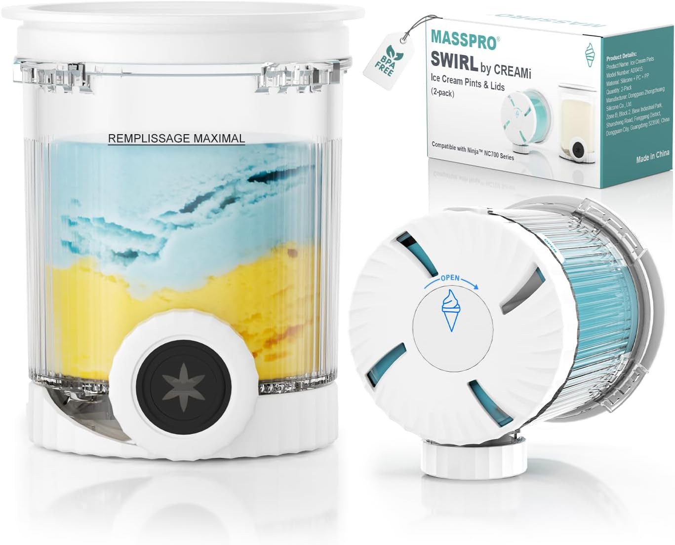 Containers Replacement for Ninja Swirl by CREAMi Pints and Lids 2 Packs,Compatible with NC700 Series Ninja Swirl Ice Cream & Soft Serve Makers,BPA-Free & Dishwasher Safe,16OZ*2