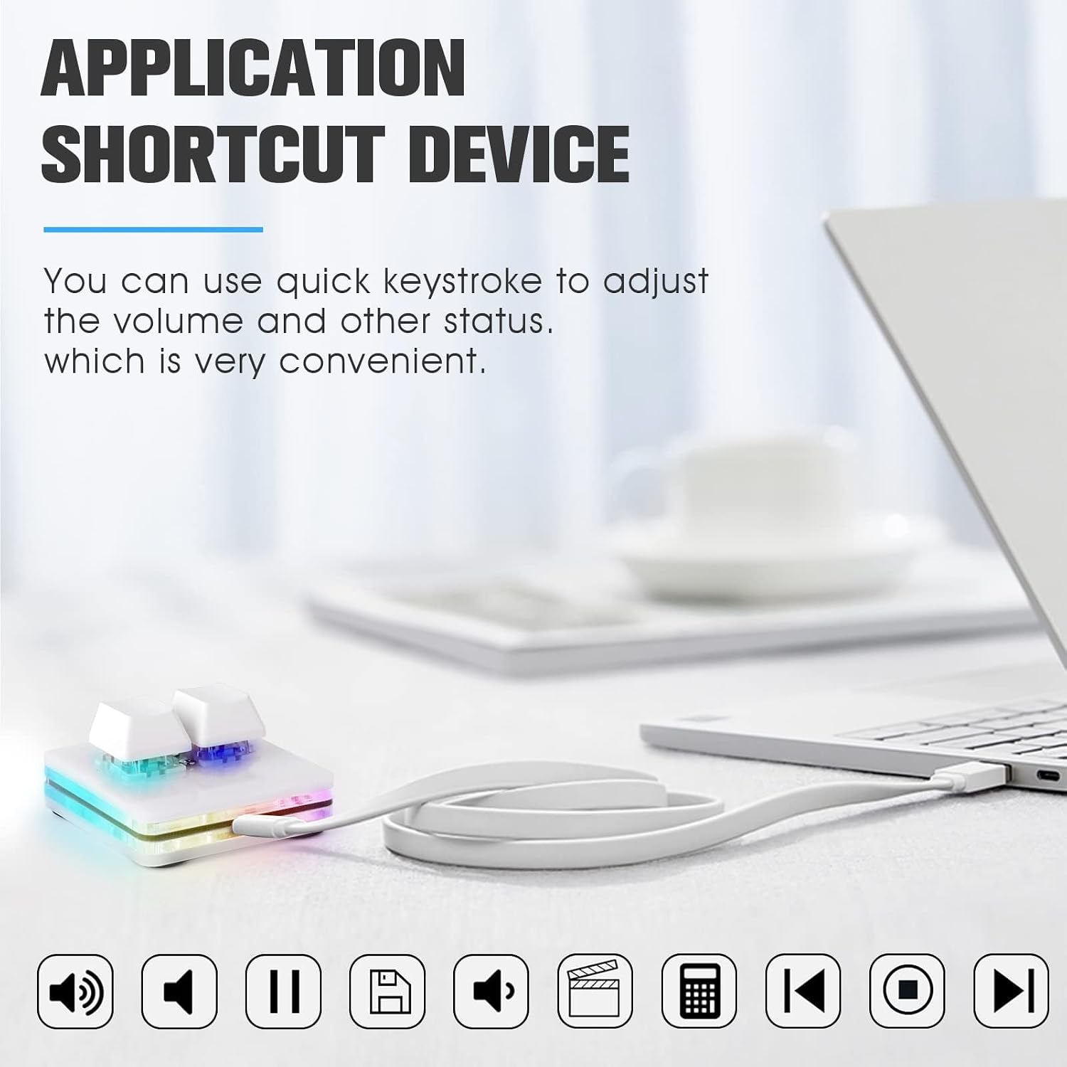 Image showing the Ecarke 2-Key Gaming Keyboard connected to a laptop, with icons representing multimedia and application shortcut functions.
