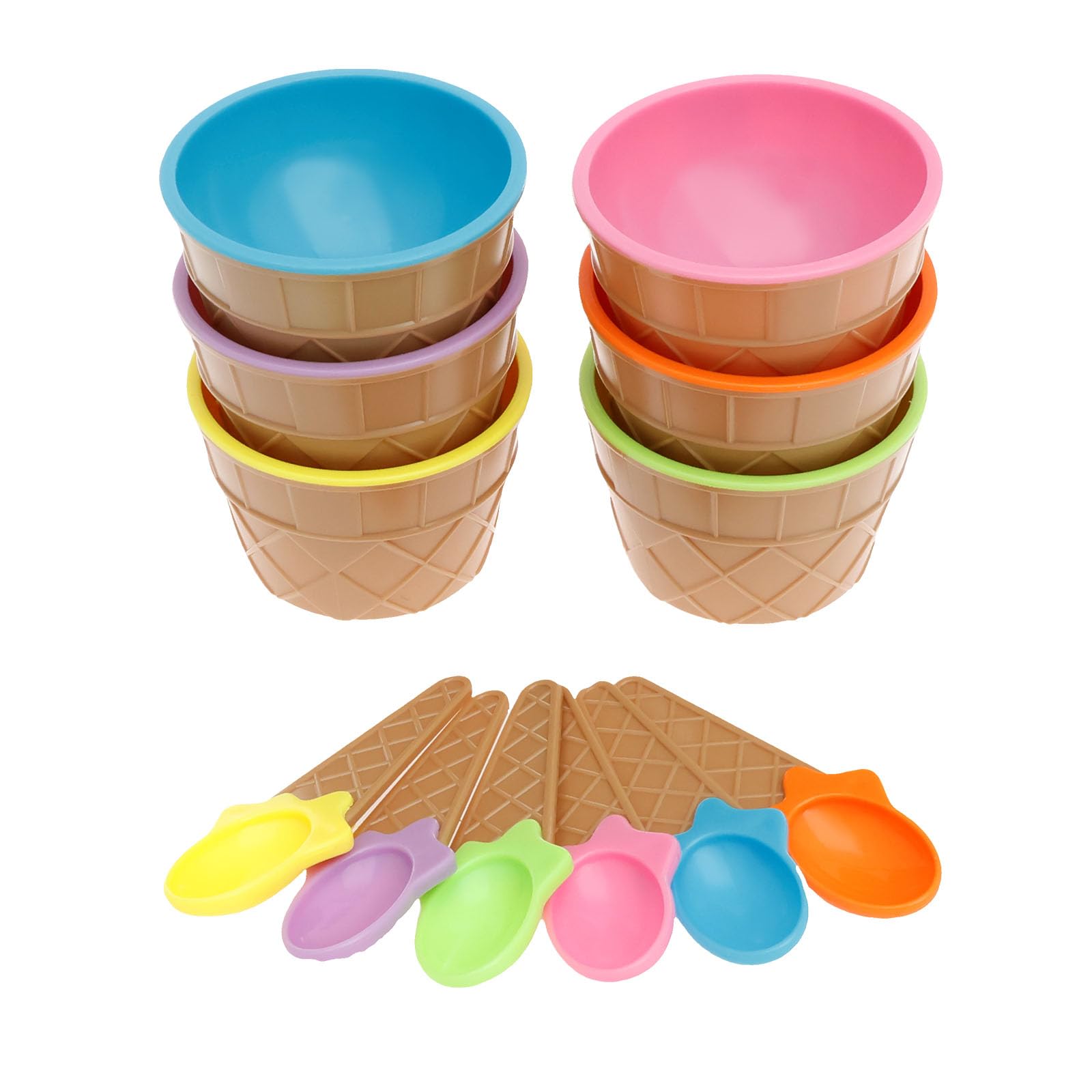 6 Pcs Reusable Plastic Ice Cream Bowl with Spoons Stackable Dessert Bowls Ice Cream Cup Set Kids Candy Color Salad Tubs Cute Dessert Container Holder for Fruit, Food, Family, Camping, Party(6 sets)