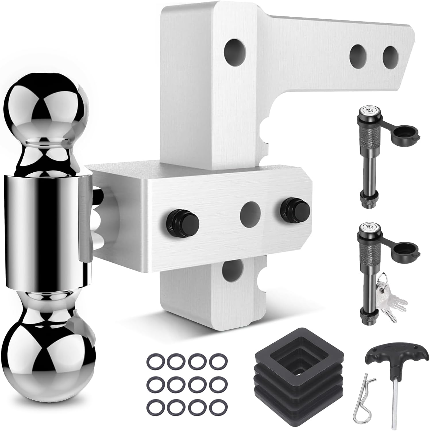Adjustable Trailer Hitch for 2” Receiver, 12500 LBS GTW Aluminum - 6” Drop/Rise with 2-inch and 2-5/16 inch Dual Ball, Silver w/Anti-Theft Lock & Tow Hitch Tightener