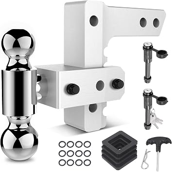 Adjustable Trailer Hitch for 2 Receiver, 12500 LBS GTW Aluminum - 6 Drop/Rise with 2-inch and 2-5/16 inch Dual Ball, Silver w/Anti-Theft Lock & Tow Hitch Tightener