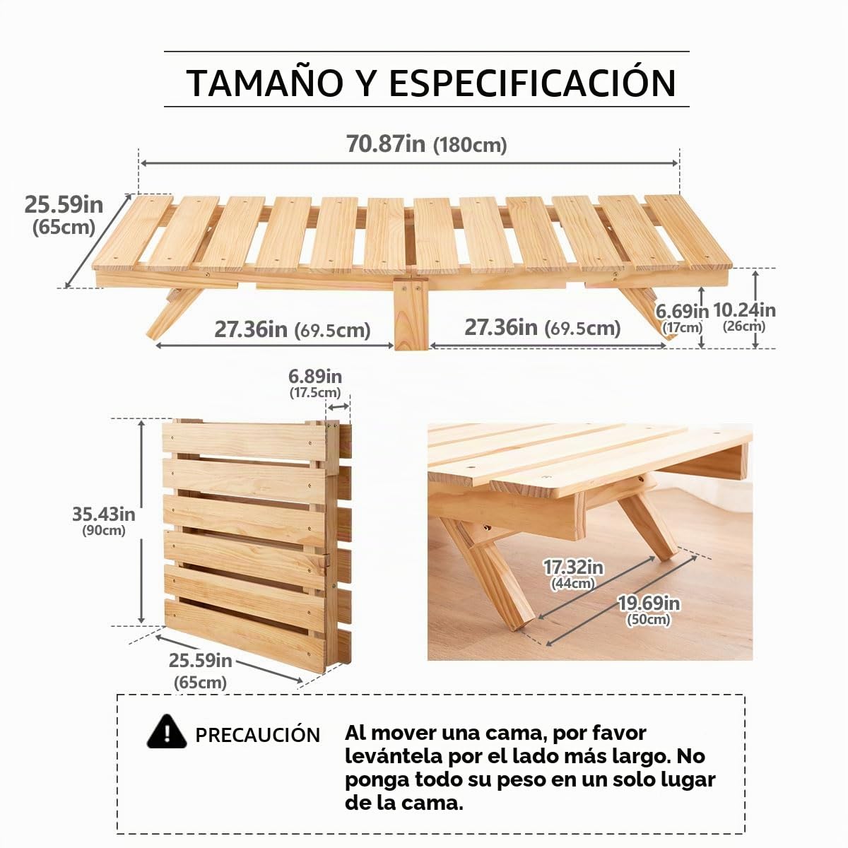 EMOOR Cama Estructura Plegable OSMOS 65 x 180 cm Madera Maciza de Pino (Earth-Natural), Fácil Montar Ahorra Espacio Guardable Tatami
