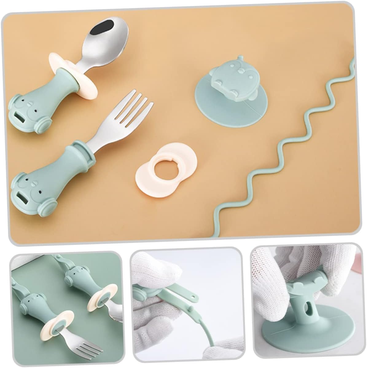 1 Set Fork and Spoon Suction Cup Chain Tableware Training Utensils for Safe Soft Material for Dining Rooms Kindergartens and Picnics