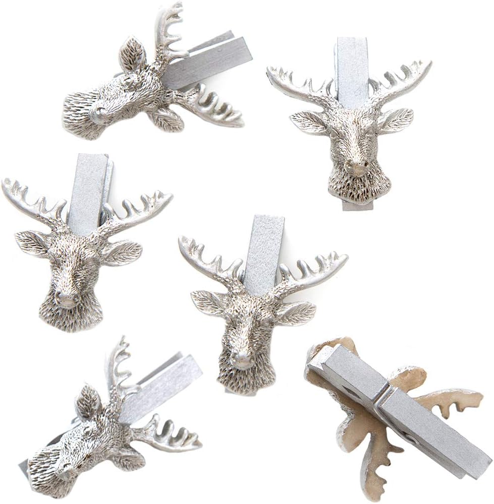 Logbuch-Verlag 6 Silver Stag Head Stag Wooden Pegs Decorative Clips Christmas Packaging 4.5 cm