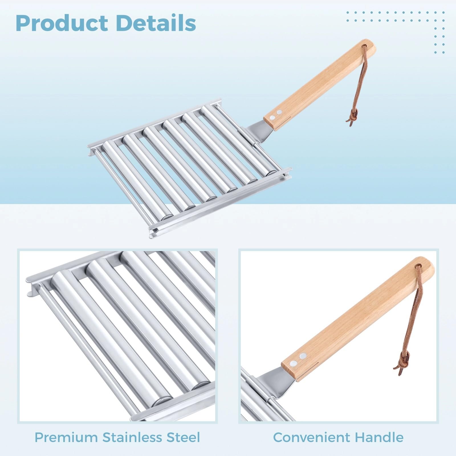 Edelstahl-Hot-Dog-Roller für Grill, Wurstwalze mit Holzgriff, Grillwerkzeug für das Kochen im Freien, 16,5 x 14,9 cm, 2 Stück