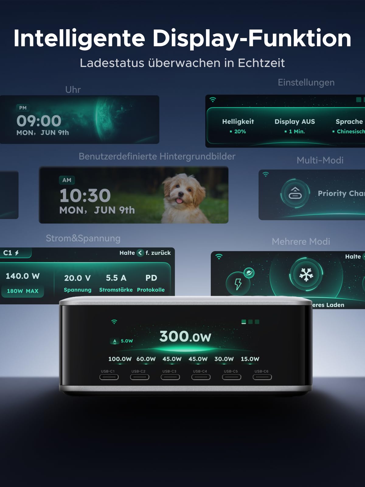 UGREEN Nexode Pro 300W USB C Ladegerät 8-Port, TFT-Display & Smart Control | Zeigt Echtzeit-Ladestatus, 240W DC Ausgang, Fernsteuerung per App, kompatibel mit MacBook Pro/Air/Neo, iPhone 17, Galaxy S26