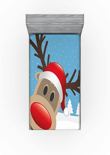 Miniatura 3 de Ambesonne Sábana bajera de Navidad, nariz roja de reno y sombrero de Papá Noel, bosque nevado, funda de cama con bolsillo profundo elástico para