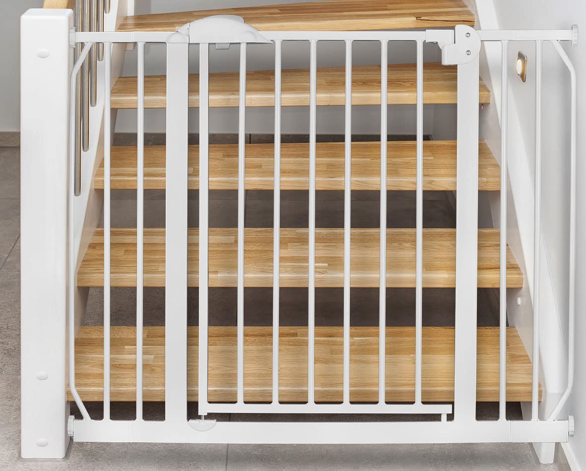 Nukido Barrera De Seguridad para Niños Extensible 75-105 cm Montaje Fácil Sin Tornillos Valla Metálica para Puerta Escalera Blanco