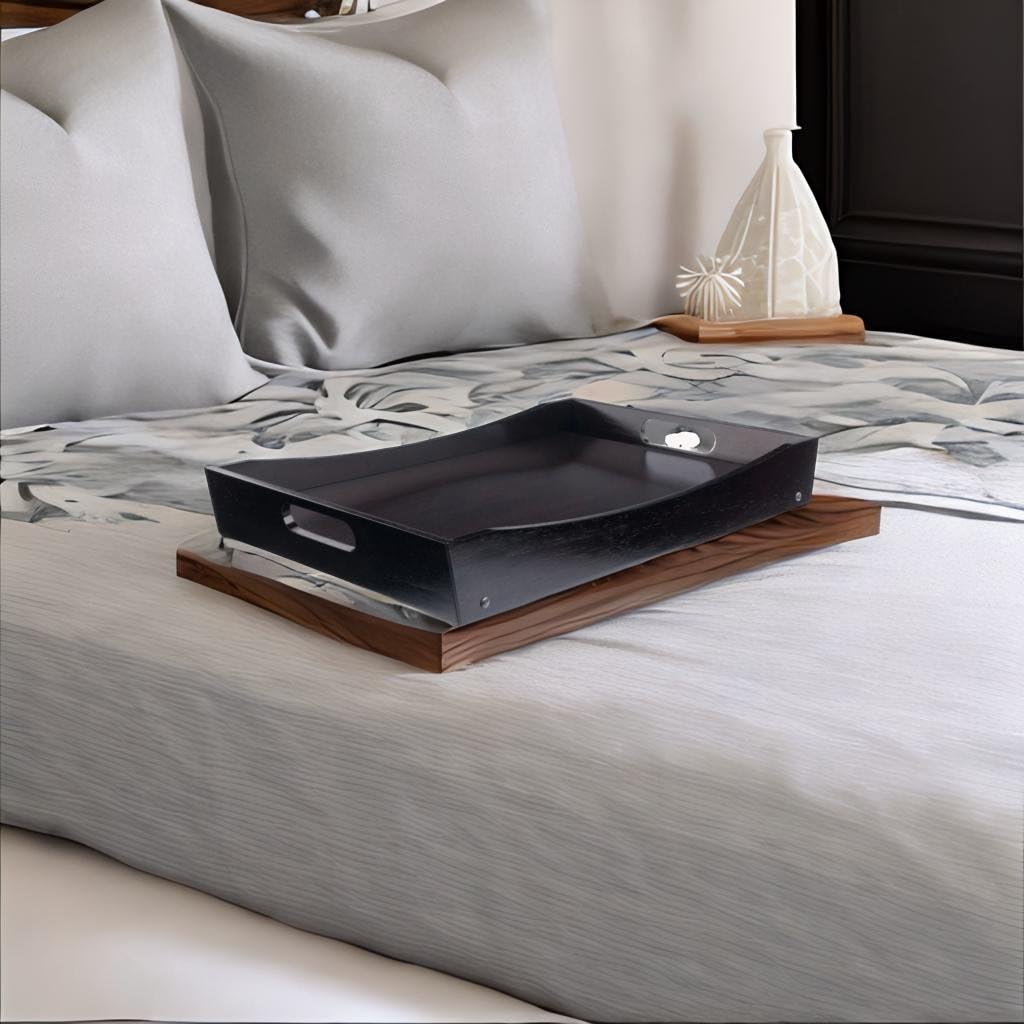 Ergode Elegant Wood Bed Tray - Foldable Legs, Dark Espresso Finish, Curved Sides