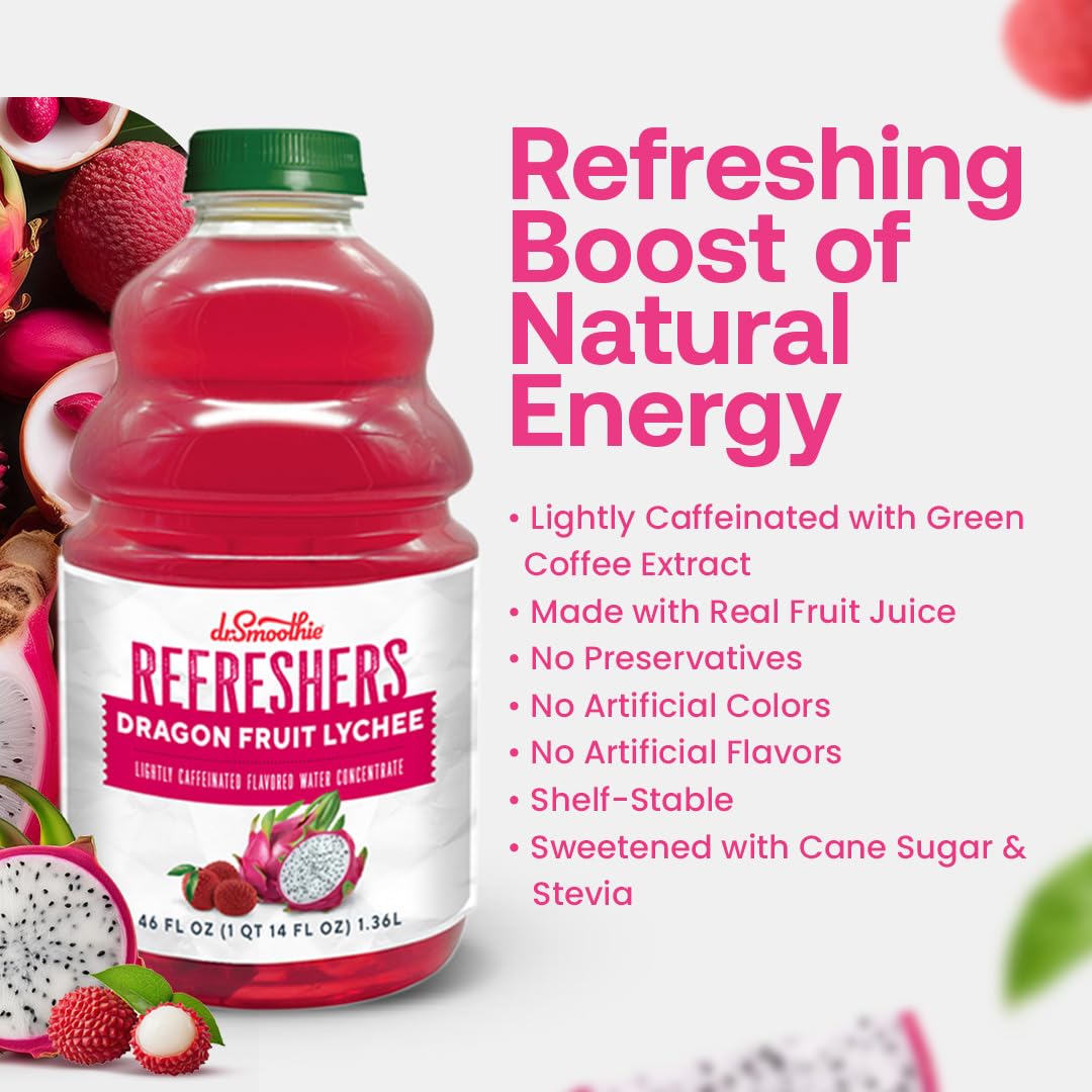 Dr. Smoothie Refreshers Dragon Fruit Lychee – Made with Real Fruit Juice – Drink Concentrate, No Artificial Colors, Shelf-Stable – Lightly Caffeinated with Green Coffee Extract (Six 46 oz Bottles)