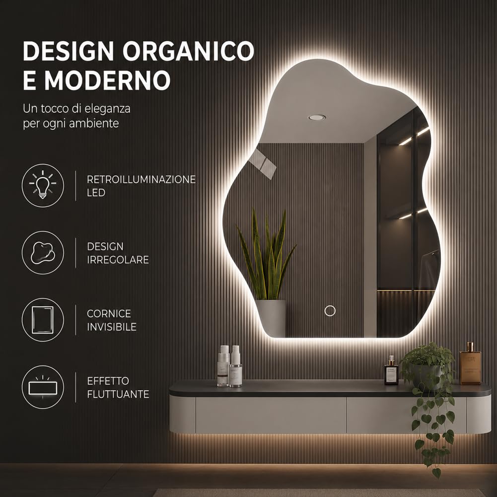 Shally Dogan Specchio Ondulato da Parete con Led Dimmerabile a 3 Colori, Bianco Freddo, Caldo e Naturale, Accensione con Touch, Decorazione da Muro Design Moderno e Salvaspazio, 50 x 70 cm