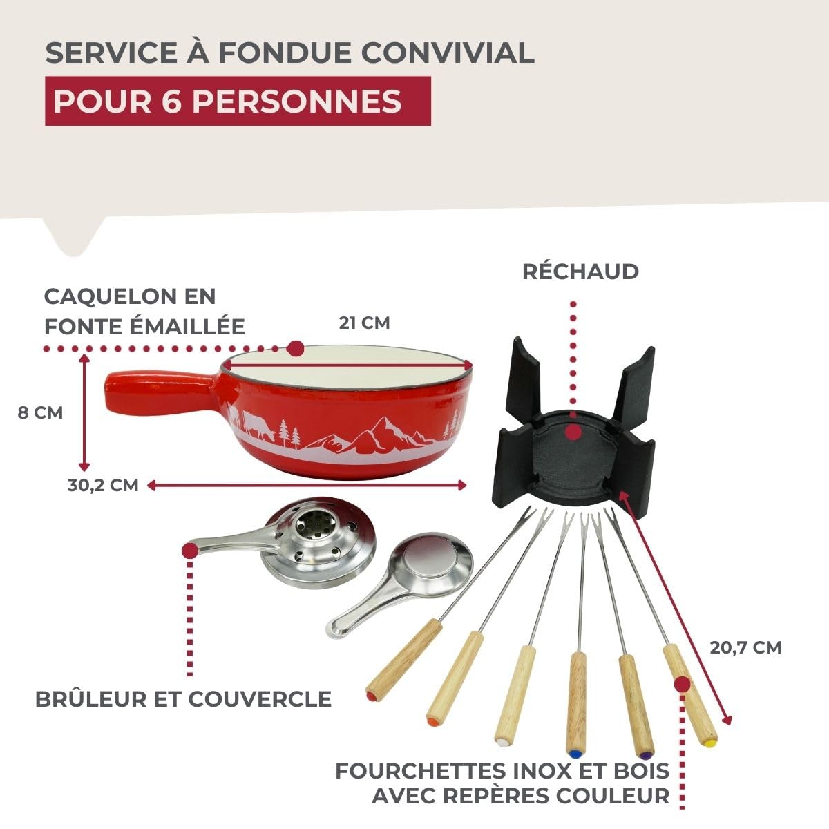 Fackelmann 686949 Service à fondue savoyarde pour 4 personnes, fondue bourguignonne, 1 caelon, 1 poêle, 1 brûleur 6 fourchettes, fonte émaillée, acier inoxydable, bois, rouge, diamètre 21 cm, 1,8 l