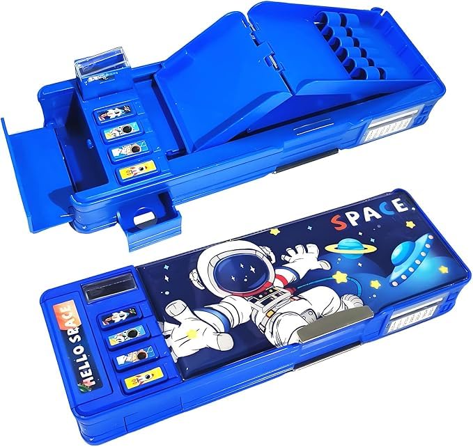 Image of Royals hub Plastic Multifunctional Space Password Lock Double Sided Compass Box for Kids, Pencil Box for Boy & Girl, Aesthetic, Space Astronaut Theme Pencil Case Return Gifts for Kids, Blue