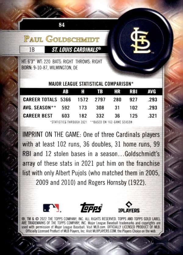 Miniatura 2 de 2022 TOPPS GOLD LABEL CLASS 1#84 PAUL GOLDSCHMIDT ST. LOUIS CARDINALS BASEBALL OFFICIAL TRADING CARD OF MLB