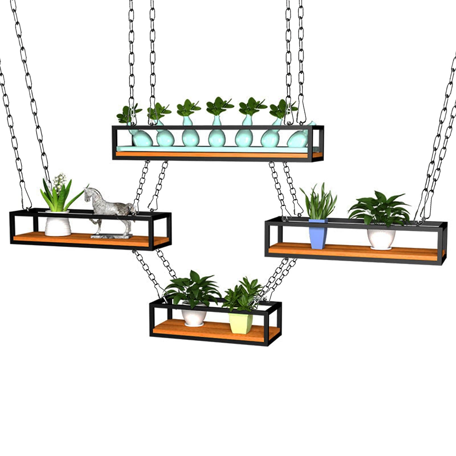 Retro Hanging Flower Shelf Pot Pan rack Storage Rack for Balcony Kitchen, Ceiling-Type Plant Stand Wine Holder Living Room Bar With Iron Chain Article And Wood Bottom Decorations Display Shelving