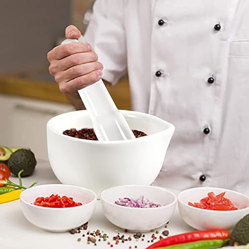 Miniatura 6 de Juego de mortero y mortero de porcelana, trituradora de píldoras con mano de mortero largo, molcajete pequeño de 7 onzas, molinillo manual para