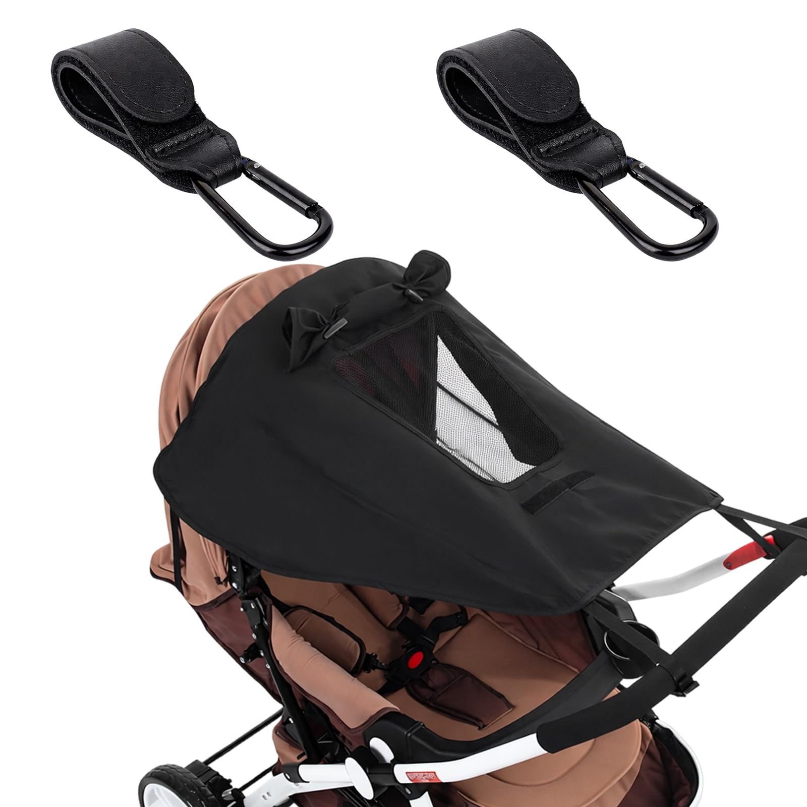 Pram Sun Shade, Water-Resistant Canopy with Viewing Window, Universal Fit for Strollers and Pushchairs, Adjustable Sun Protection Cover for Outdoor Activities, 2 Black PU Hooks Included