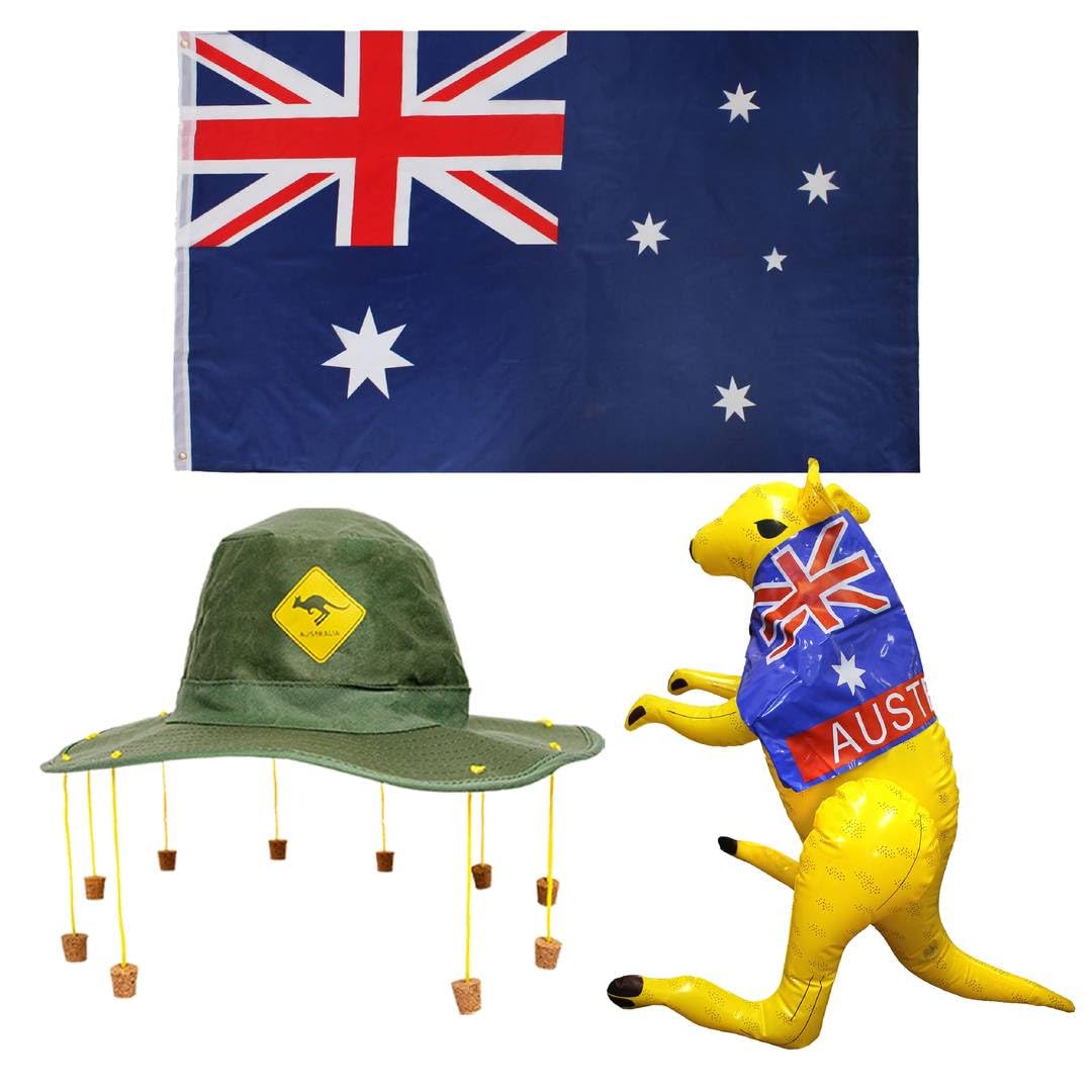 Australia Day Costume Accessory Set - Aussie Flag Cape, Green Cork Hat with Yellow Kangaroo Print and Inflatable Blow Up Kangaroo - Complete Australian Fancy Dress Kit for Outback Themed Parties
