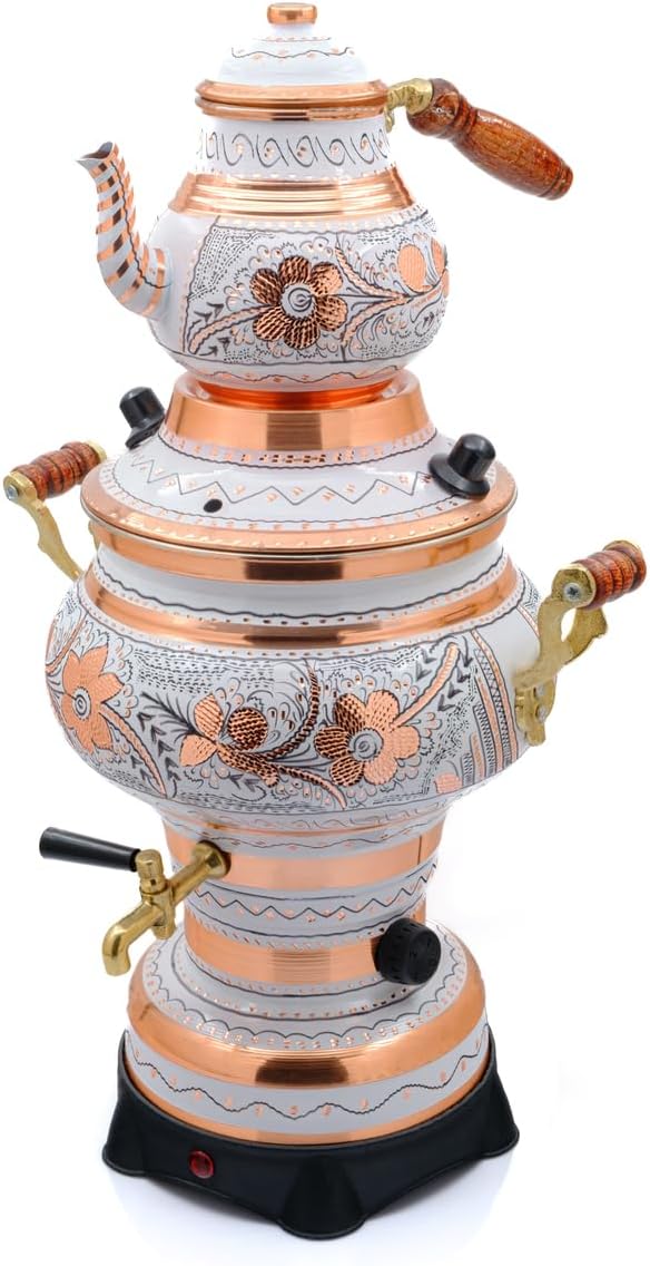 Electric Copper Samovar 5.2 Liter 220V Ornate Engraved Tea Maker, Water Dispenser for Home, Kitchen, Office, White Color - White, One Size