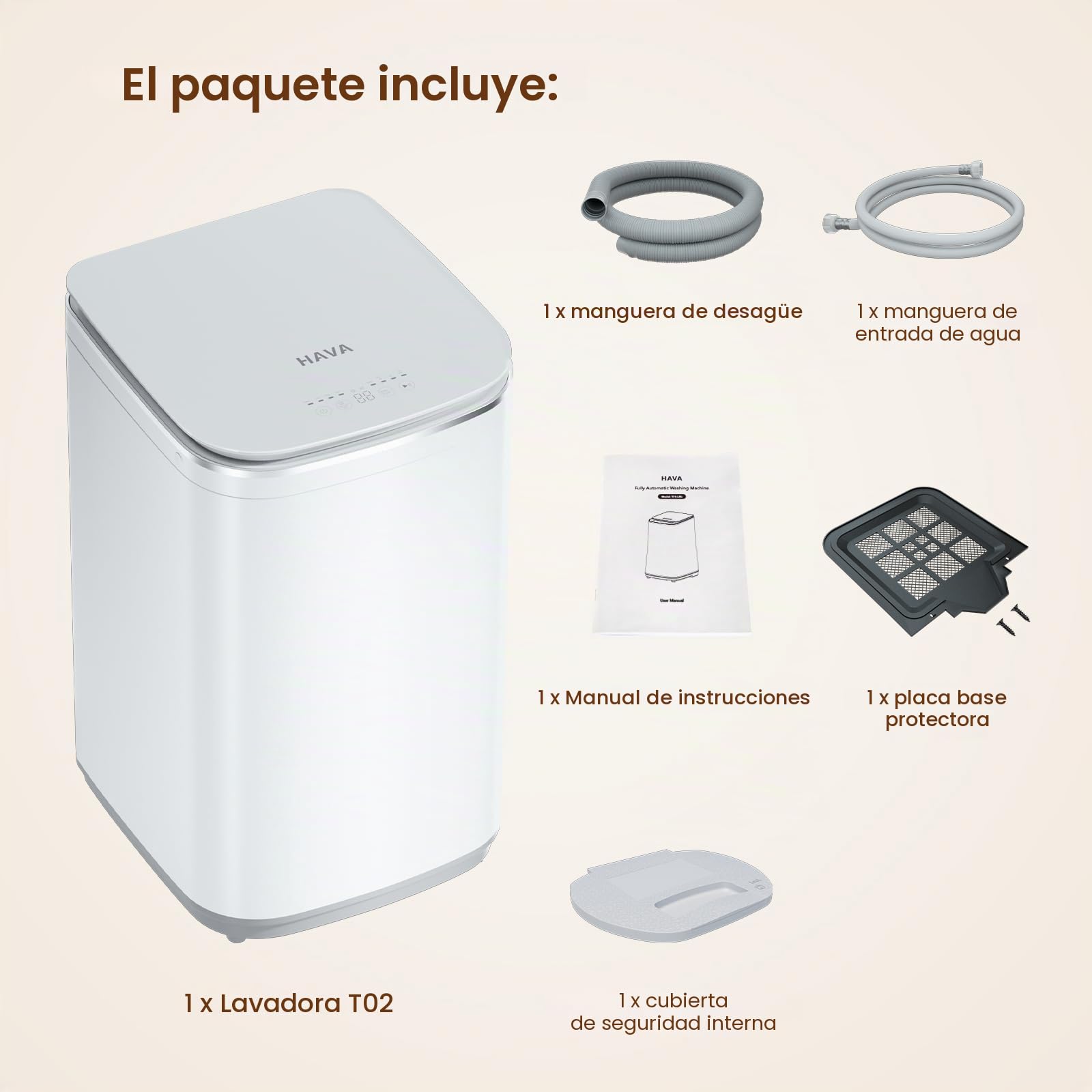 HAVA Mini lavadora, 3 kg de capacidad, pequeña lavadora y centrifugador, totalmente automática con 8 programas, función de lavado en caliente y bomba de drenaje, ahorra espacio para apartamentos