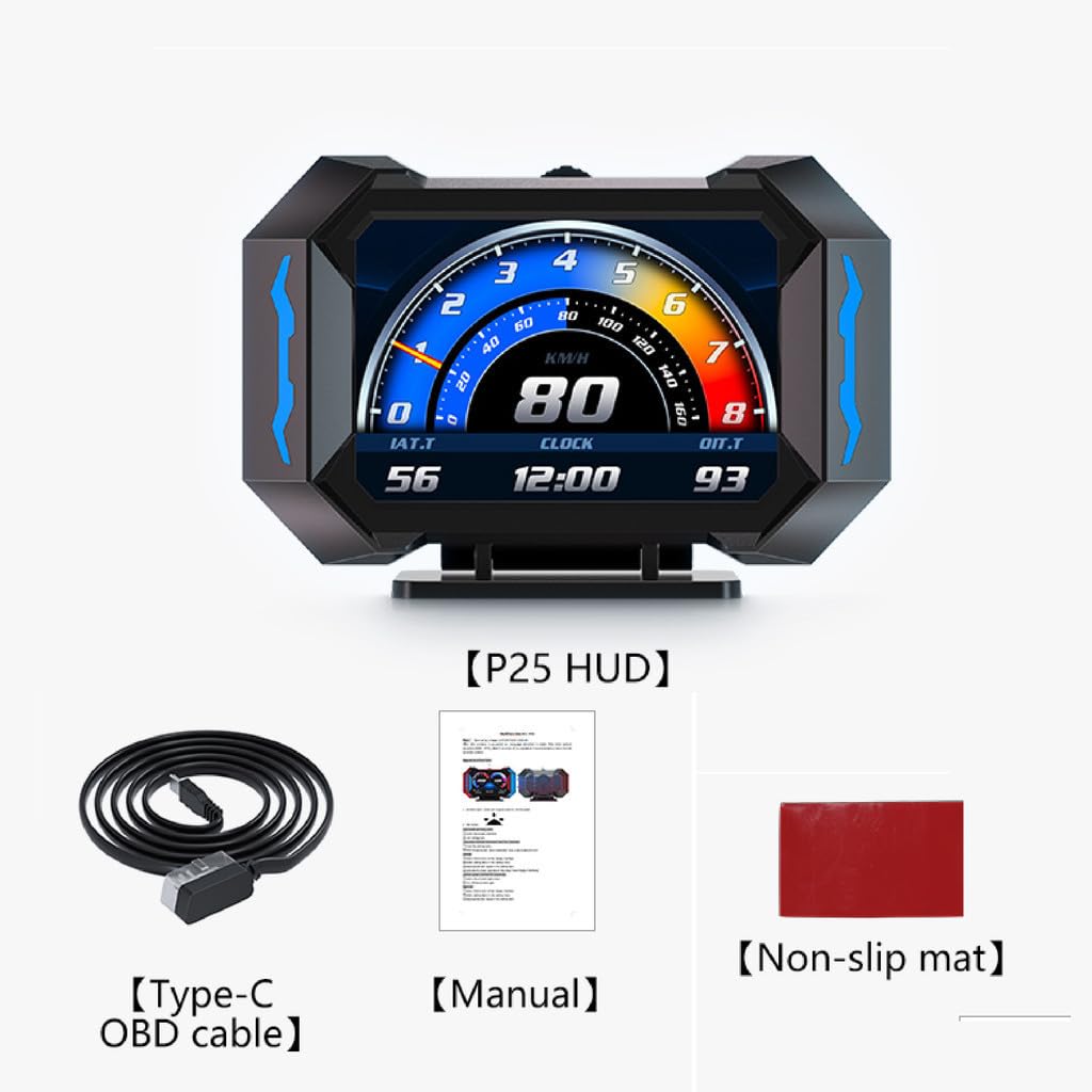 OTPerformance OTP-P25 OBD2 Car HUD Head Up Display Display Tachometer Multi-Function Digital OBDII GPS Speedometer Car Speed MPH Altitude Driving Direction Slope Meter Universal All